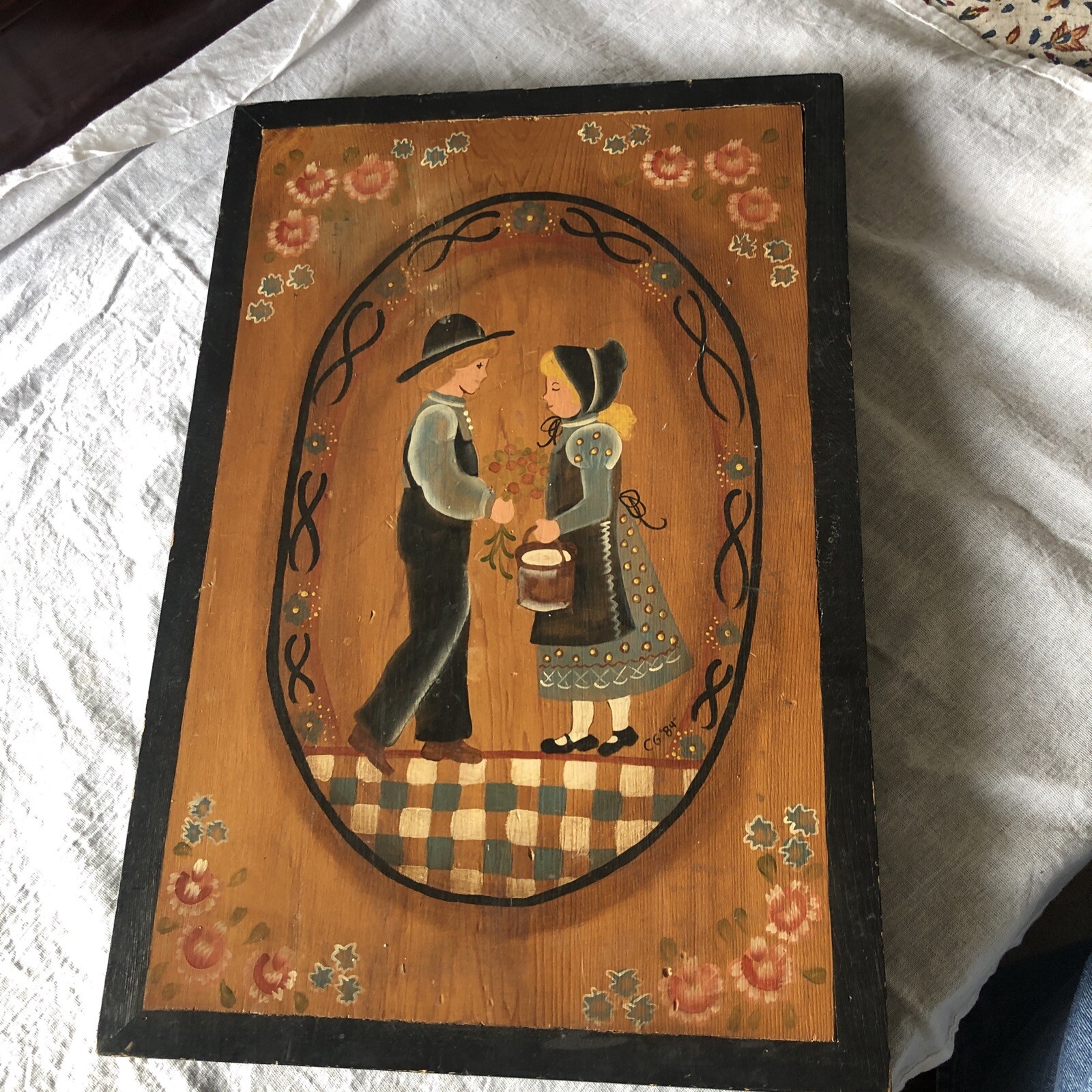 Vintage Handmade Amish Couple Wall Art Checker Board HomeDecor Country Farm Wood