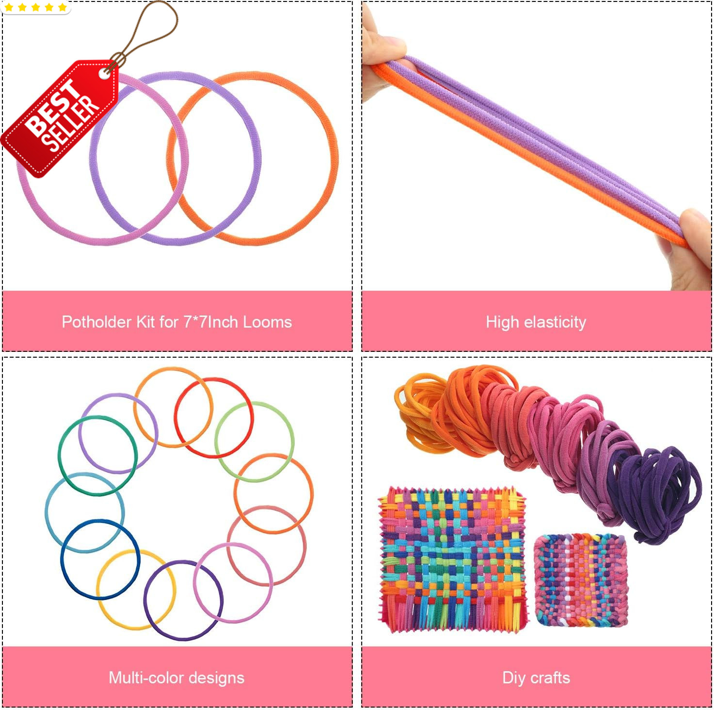96 Pcs Potholder Weaving Loom Loops Kit 7 Inch Elastic Rainbow DIY Craft - US