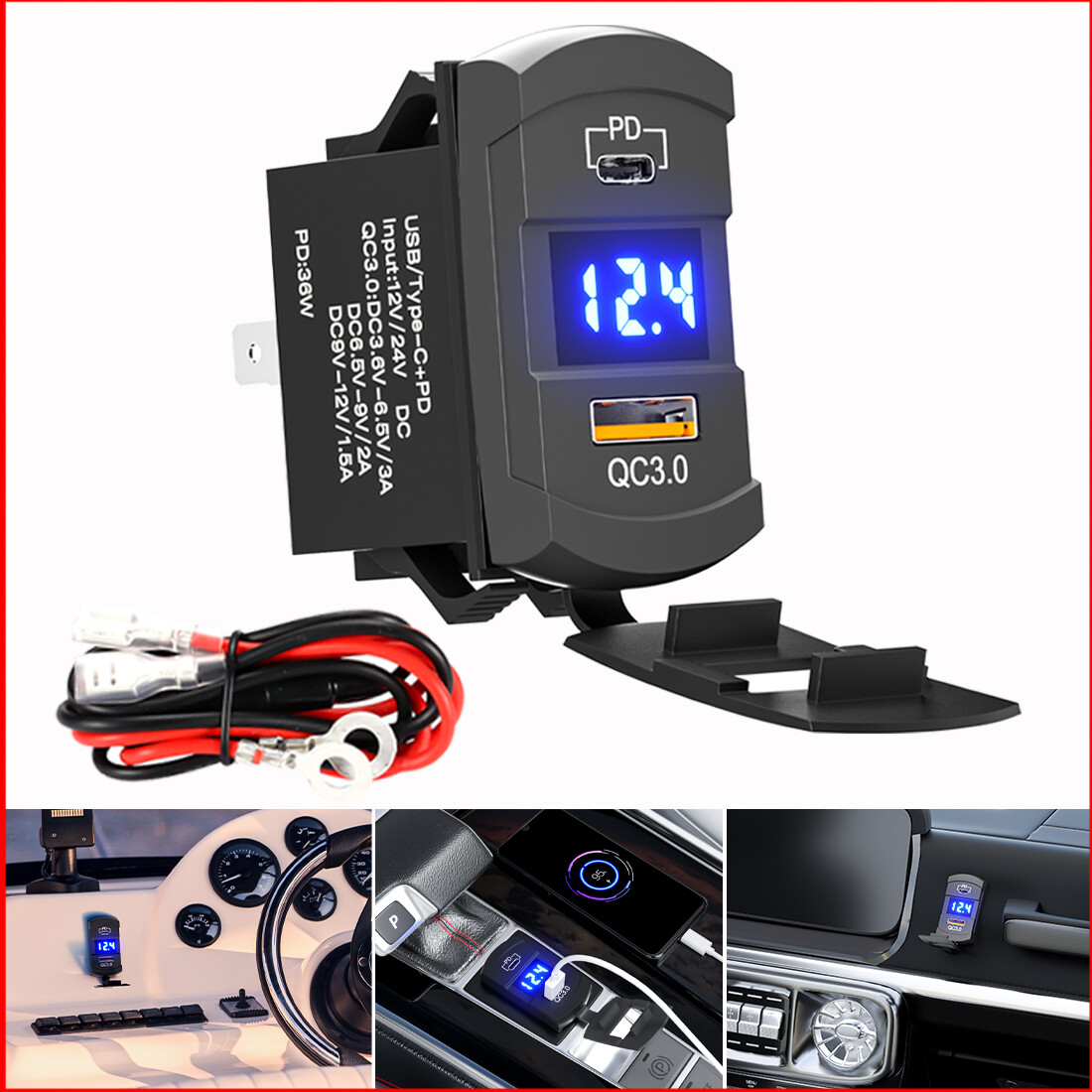 12V Charger Voltmeter Rocker Switch 36W USB/Type-C+PD Blue LED Boat Car Truck