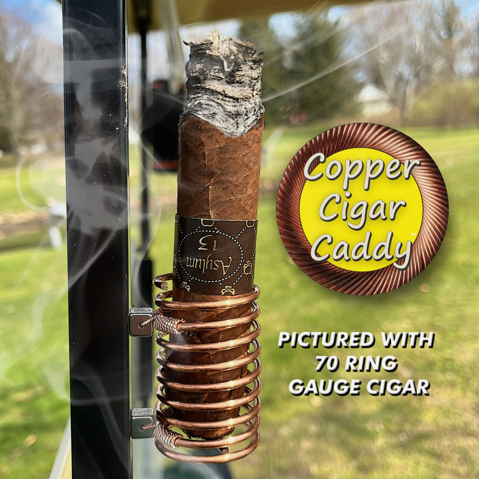 Jumbo Cigar Holder for Golf Cart - Magnetic, Solid Copper, Handmade 70 ring