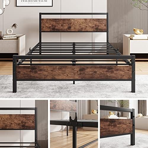 Size Bed Frame with Headboard, Heavy Duty Platform Bed Frame Full Rustic Brown