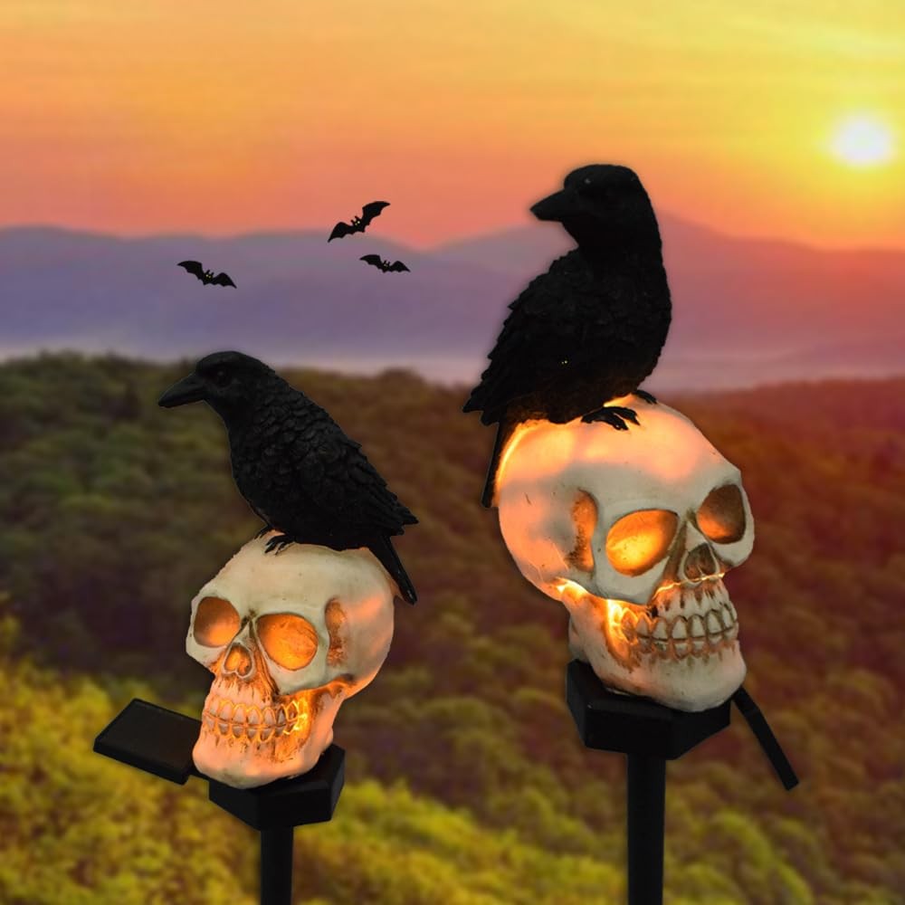 YZYOE 2 Packs of LED Solar Crow Skull Lights, Halloween Outdoor Black
