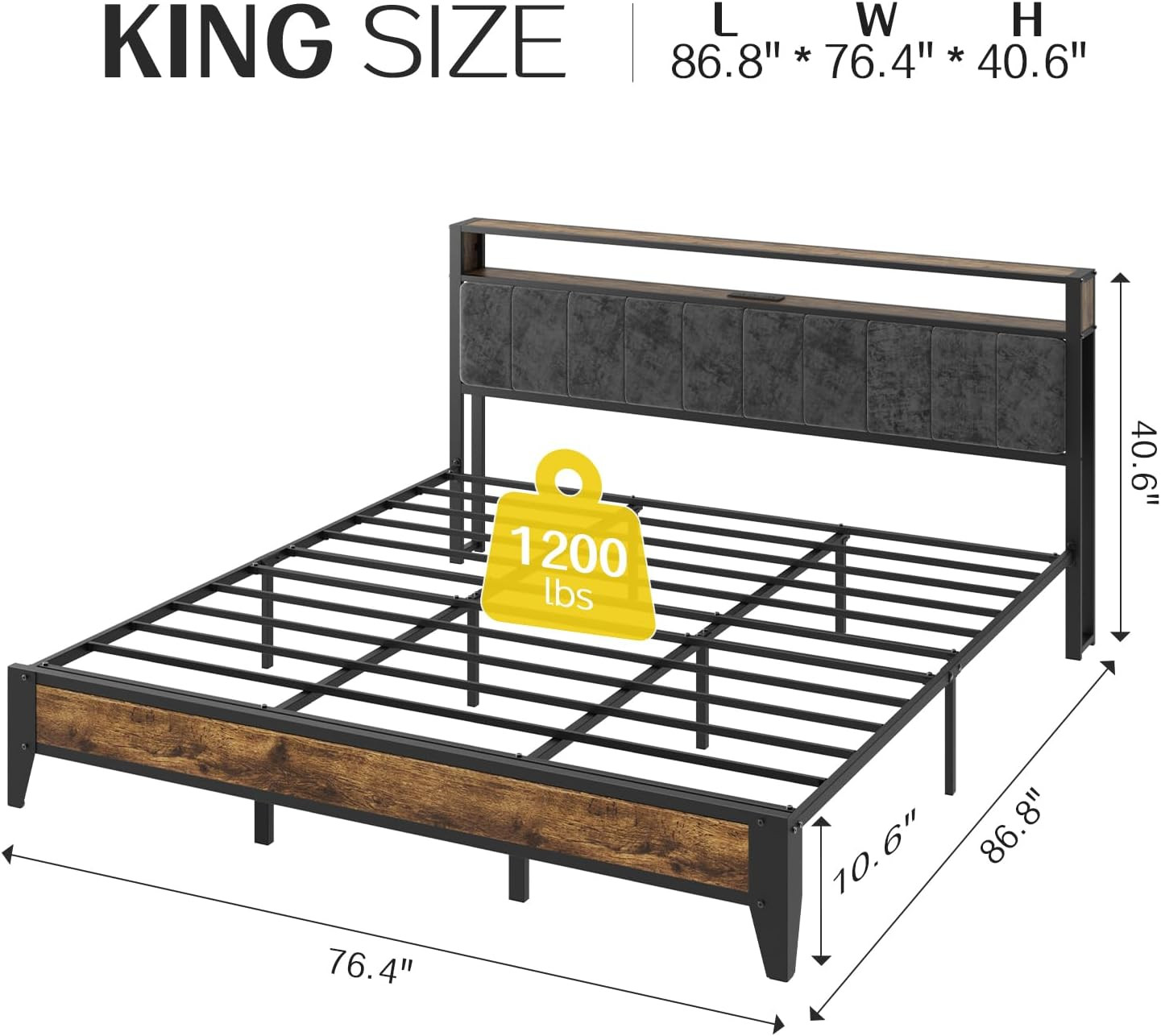 King Bed Frame with Headboard, Metal Platform Bed King Size with 2-Tier Storage,