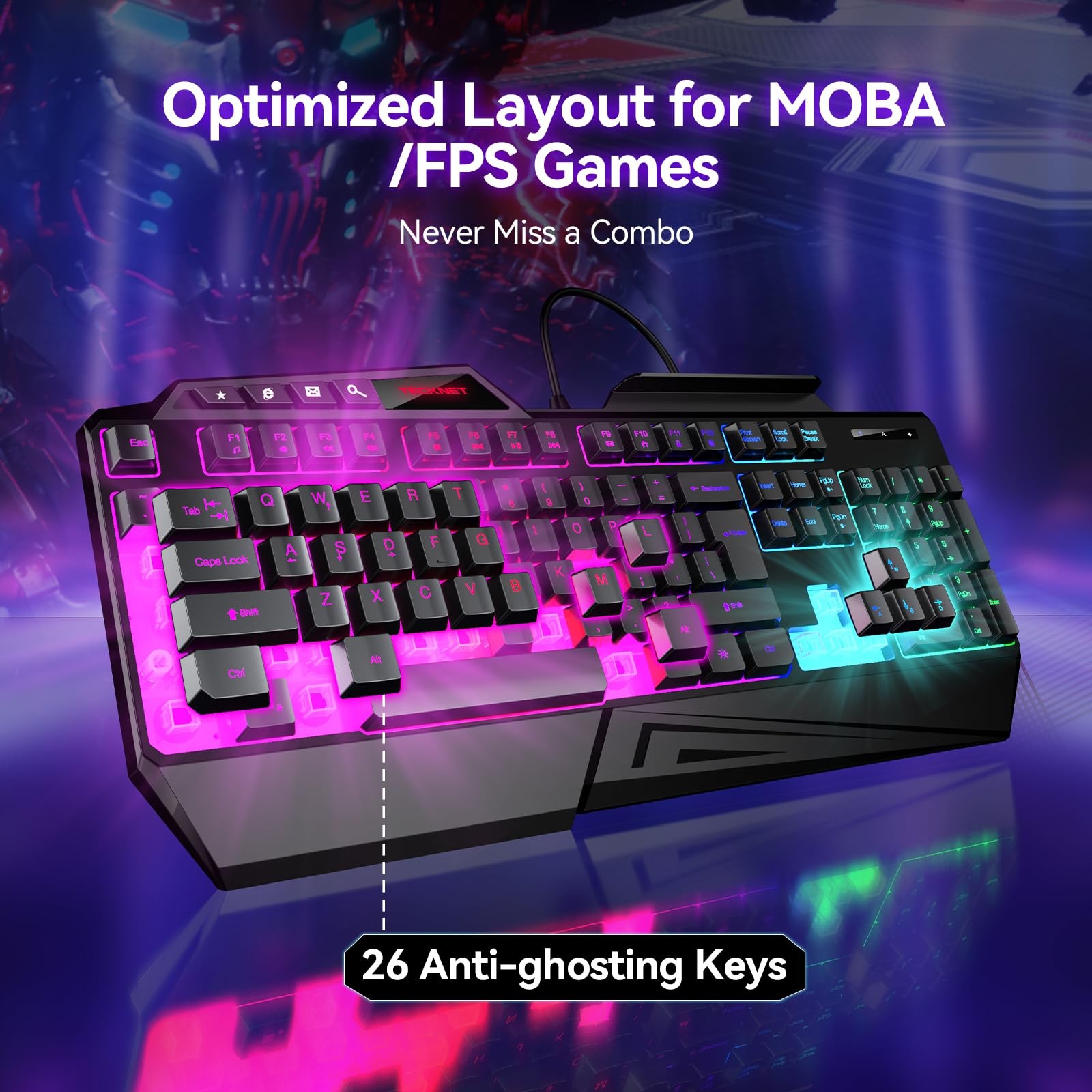 Tecknet Wired Rgb Gaming Keyboard - 26-Key Anti-Ghosting 13 Lighting Modes