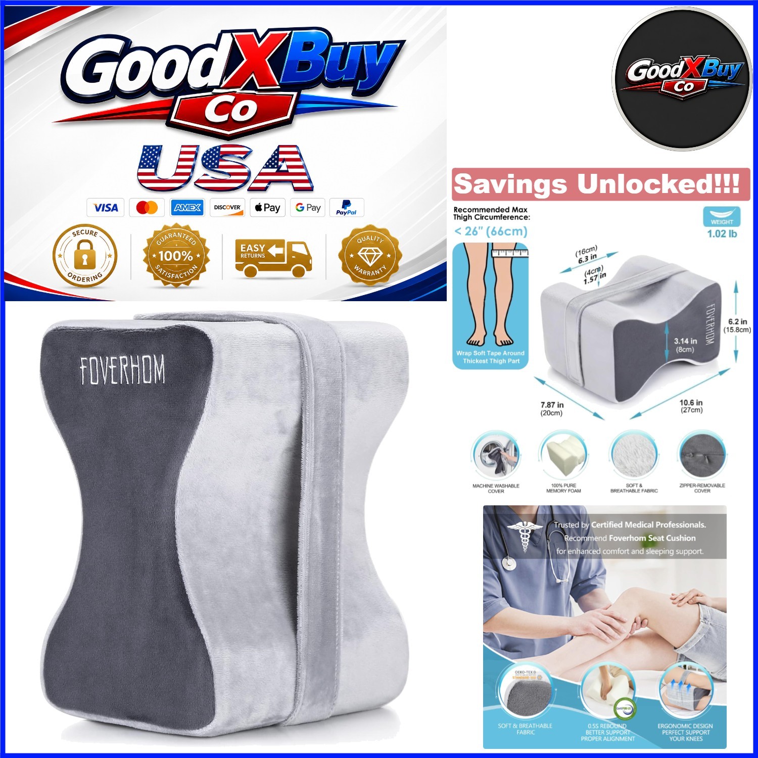 Memory Foam Knee Pillow for Sciatica Back Pregnancy Hip Pain Grey