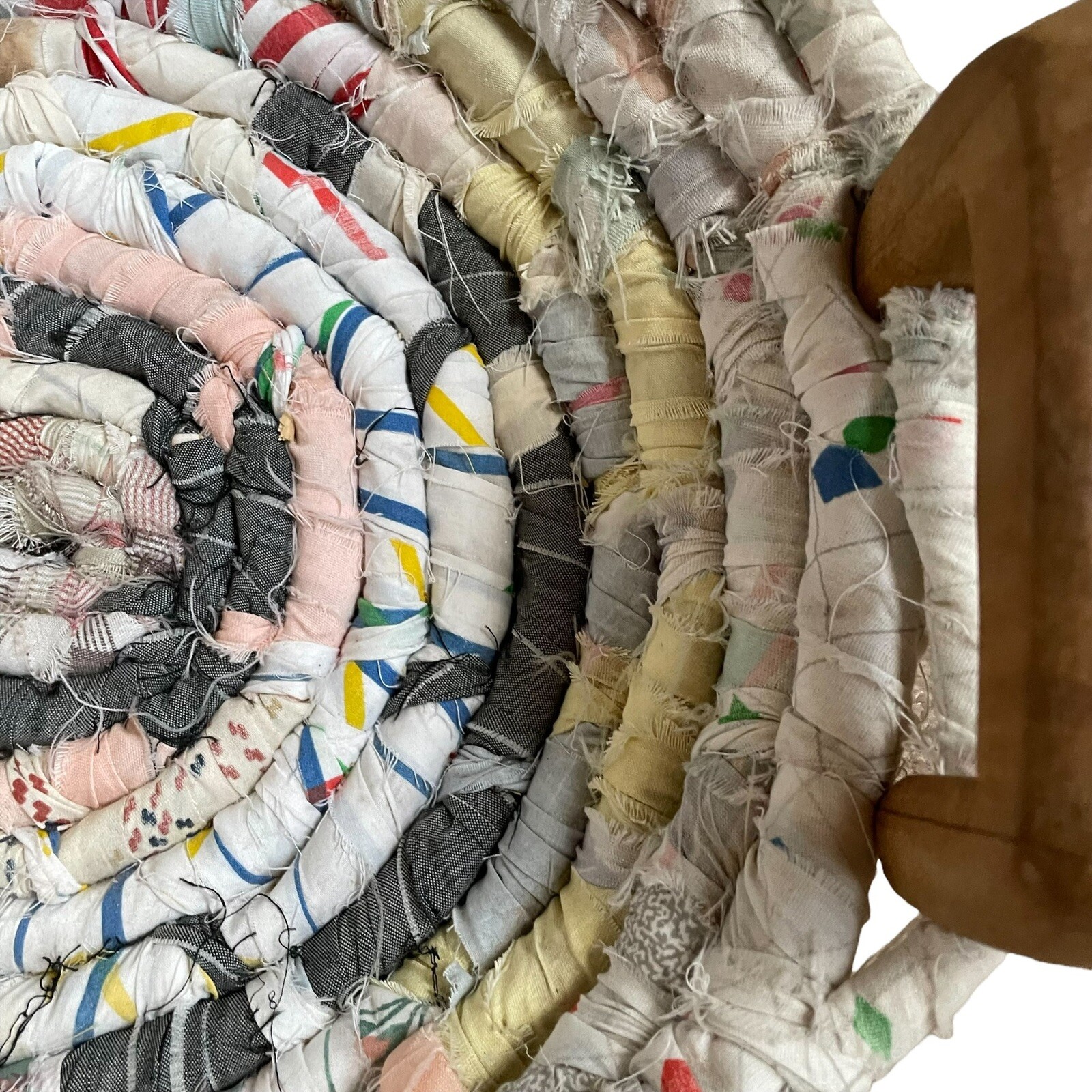 Vtg Coiled Cotton Basket Fabric Hand Woven Pastel Farmhouse 20 3/4 x 16 x 5 3/4