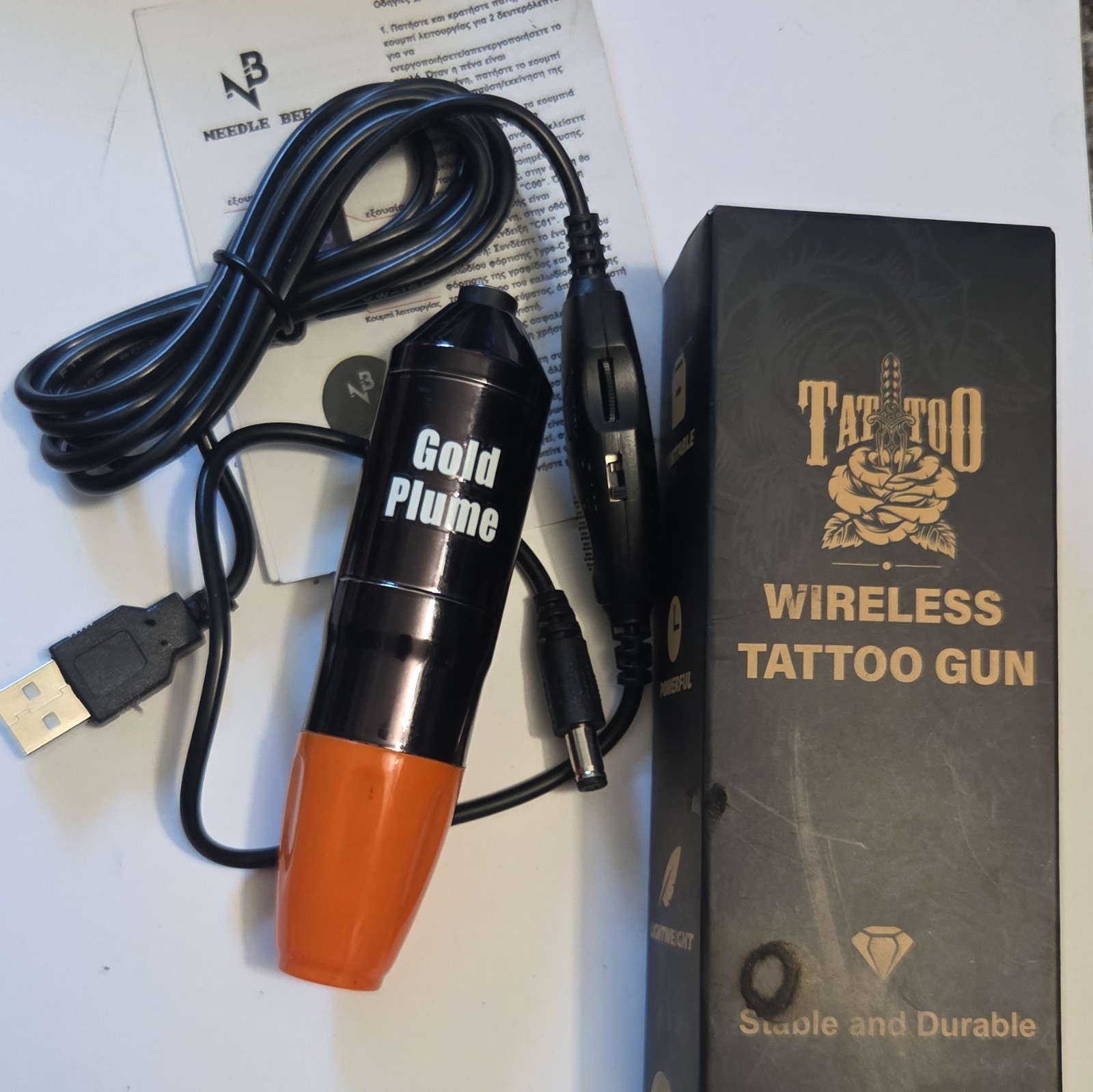 Gold Plume Wireless Tattoo Pen Machine, Black/Orange, USB Cable Included