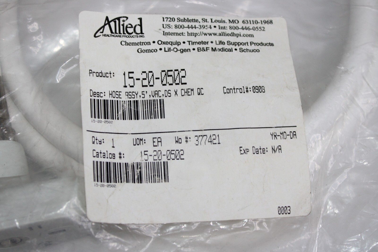 Allied Healthcare Oxygen Chemetron 5' hose assembly Part # 15-20-0502 NEW