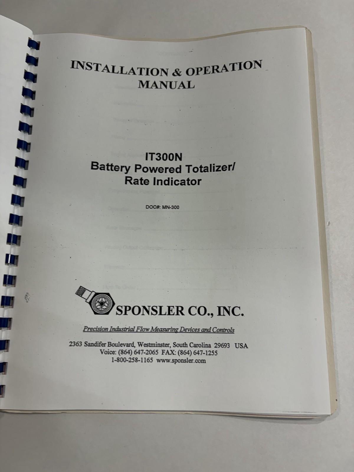 Sponsler IT300N Powered Totalizer Rate Indicator User Manual Guide Instruction