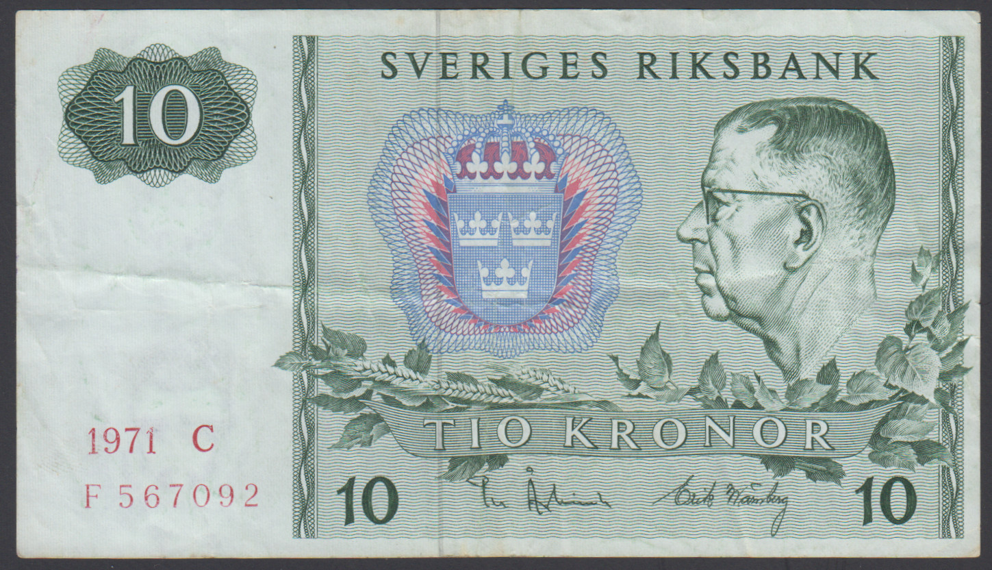 Sweden  10 Kronor  1971  VF  P. 52c, Banknotes, Circulated