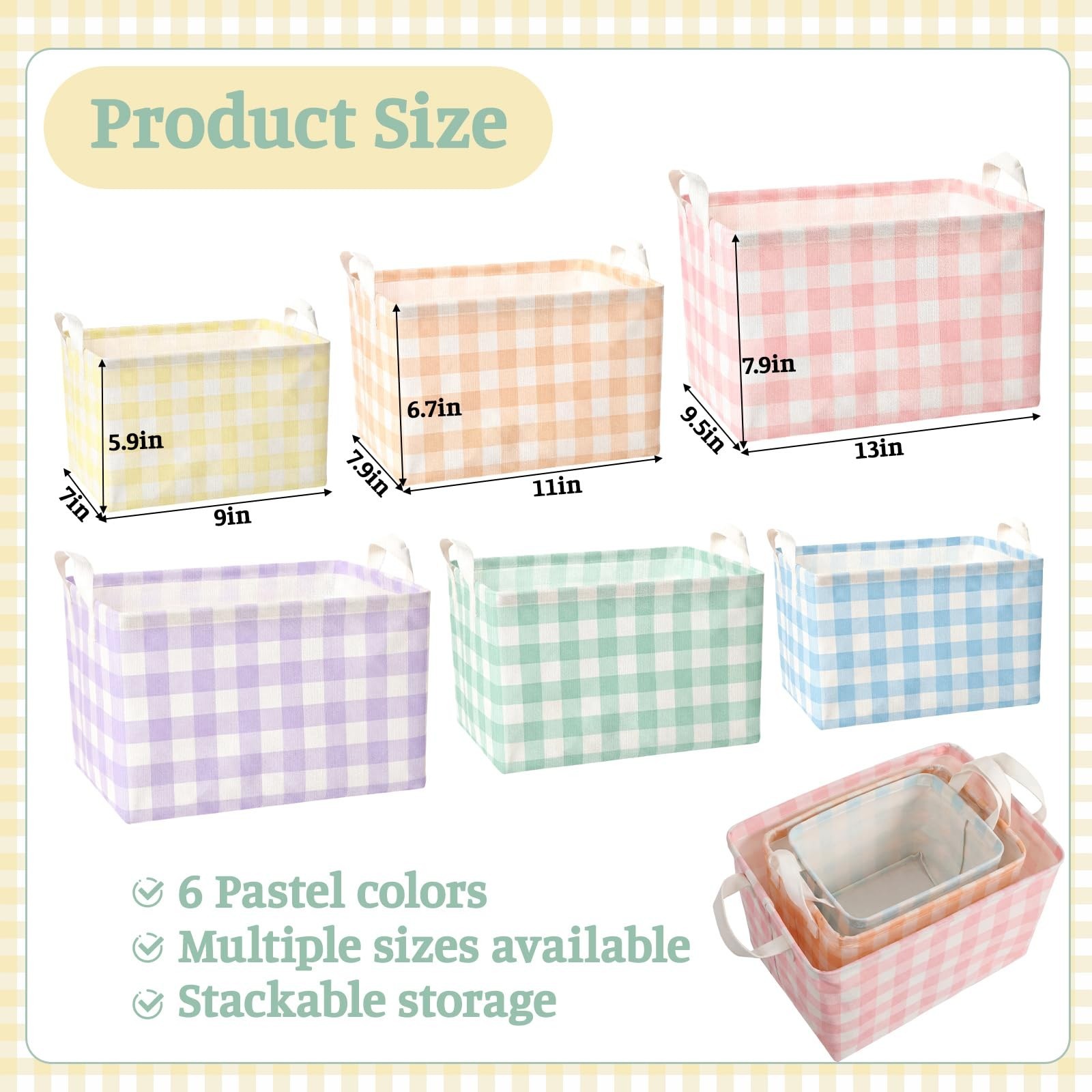6 Pack Plaid Canvas Baskets Rectangular Storage Bins Collapsible Decorative O...
