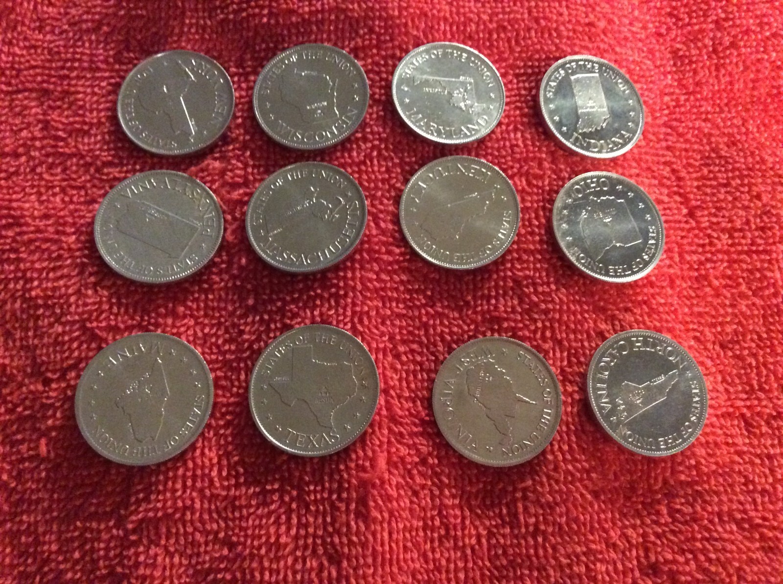 LOT OF 12 SHELL'S GAME COINS UNITED STATES TX ME PA MA IN KY NY WI VA NC OH MD
