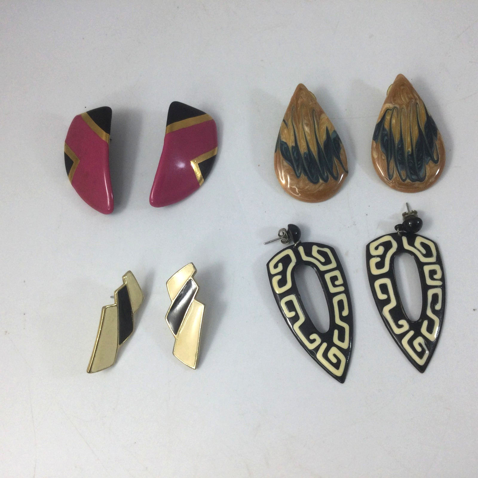 Vintage Enameled Metal Earrings 1980's Lot of 4 Pairs