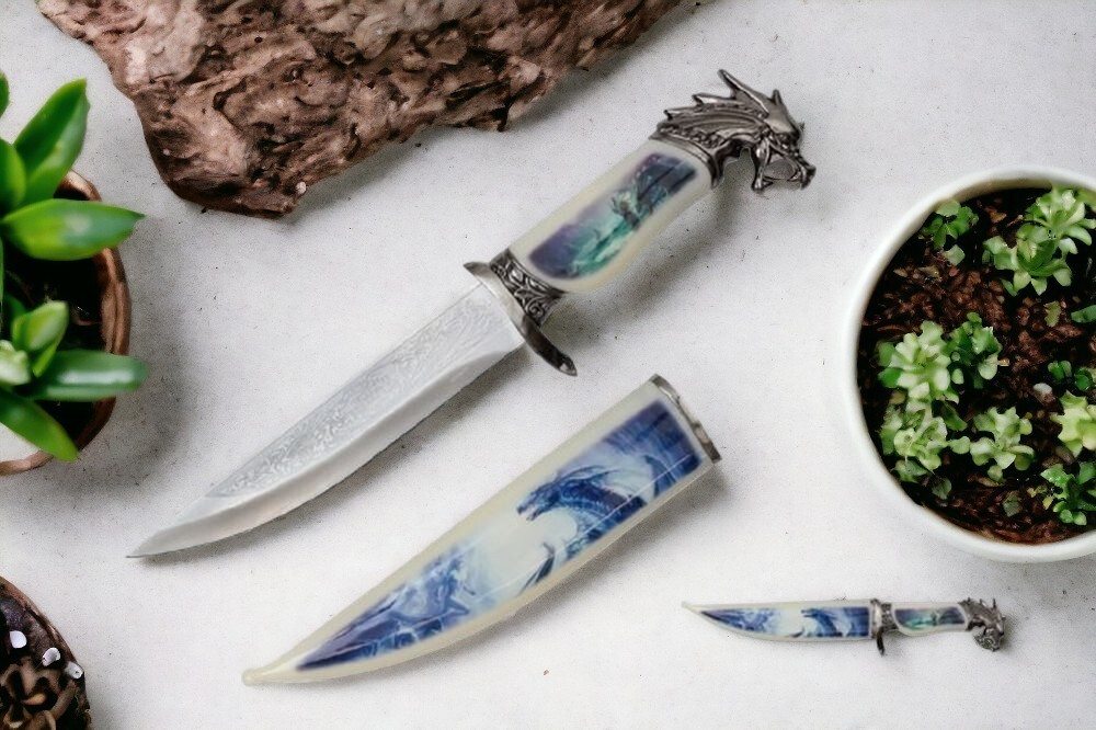 Fantasy Knife | 13 1/8" Overall Dragon Dagger Silver Blade + Scabbard Display