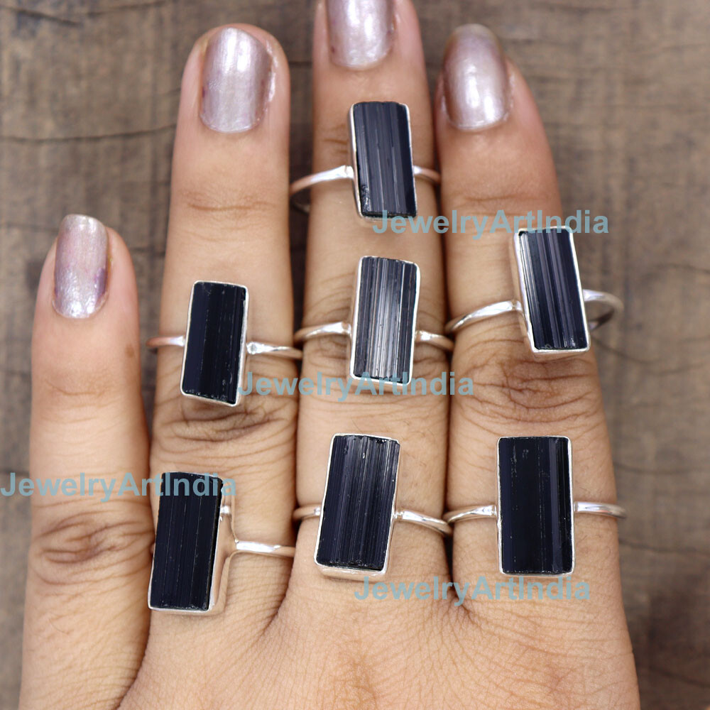 Large Size Natural Black Tourmaline Raw Rough 925 Sterling Silver Statement Ring