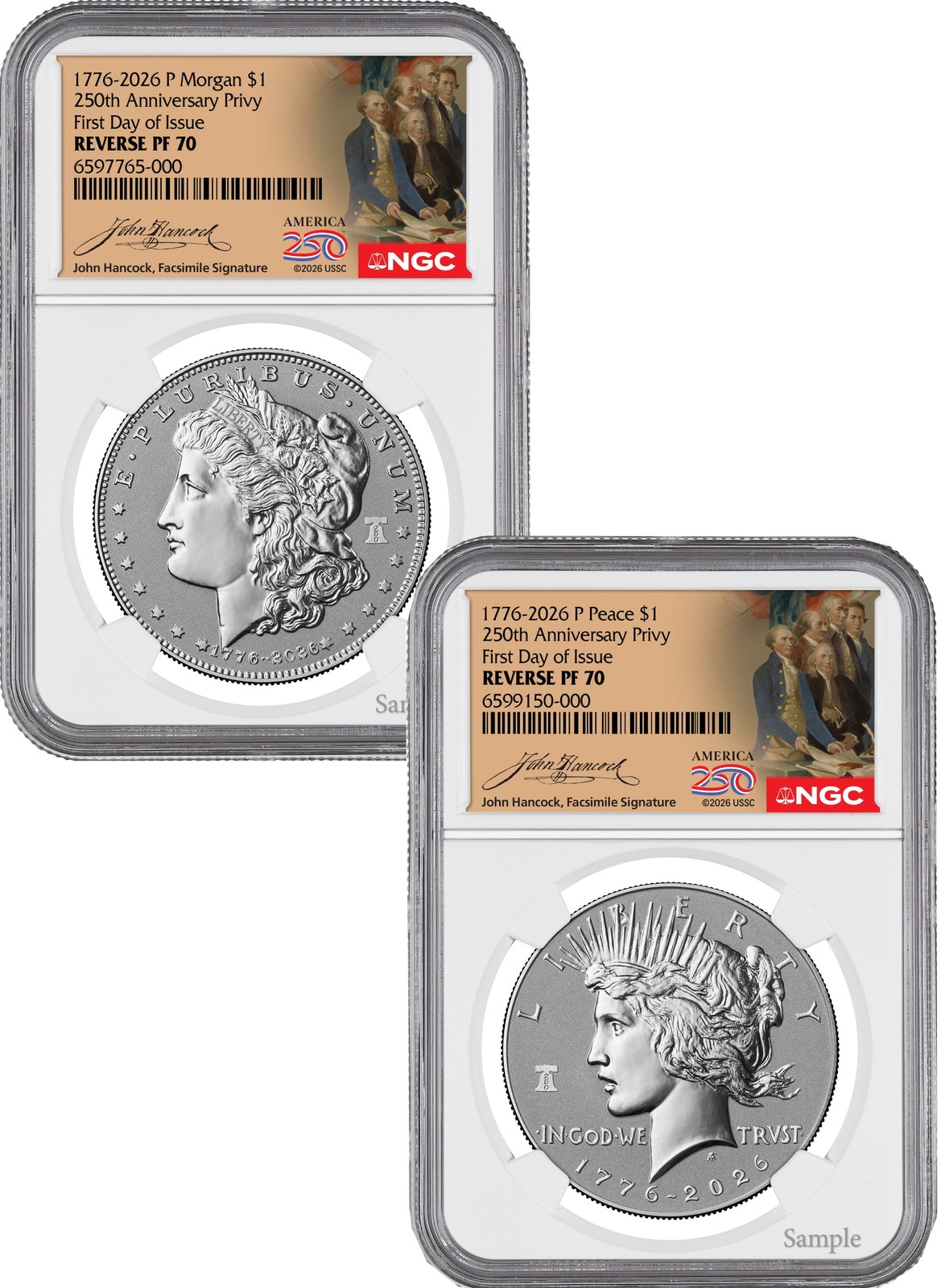 2026-P Morgan and Peace Dollar Reverse Proof 2-Coin Set NGC PF70 FDOI Hancock