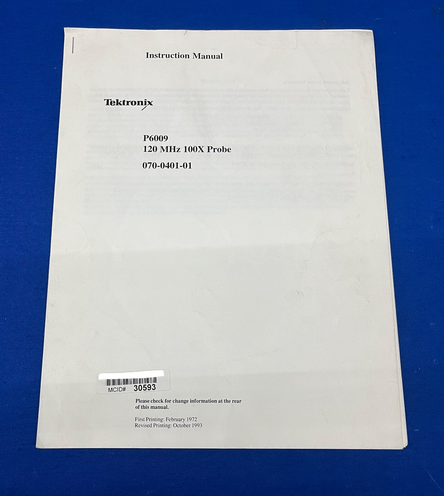 TEKTRONIX P6009 120 MHz 100X PROBE 070-0401-01 INSTRUCTION MANUAL
