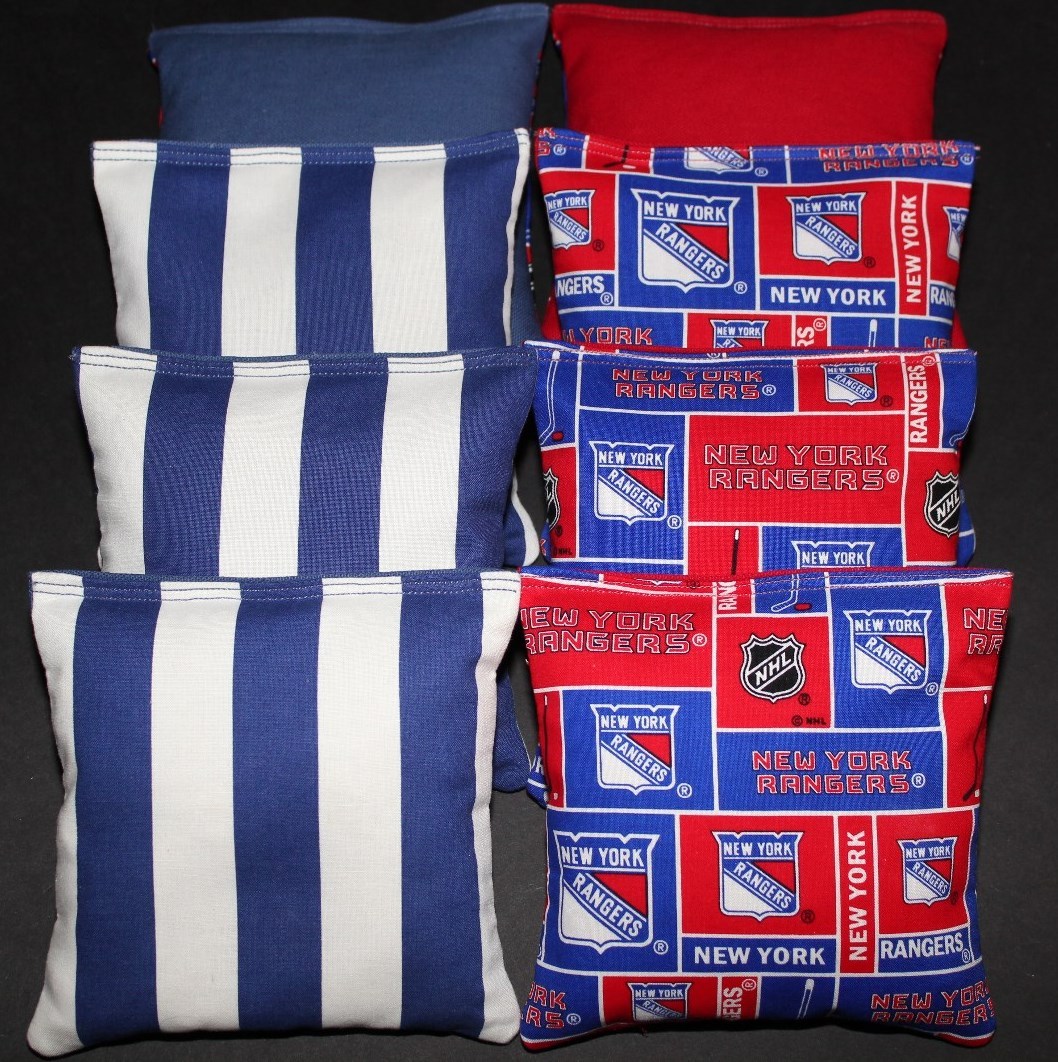 8 CORNHOLE BEANBAGS made w NEW YORK RANGERS Fabric ACA Reg Bags, Top Quality!