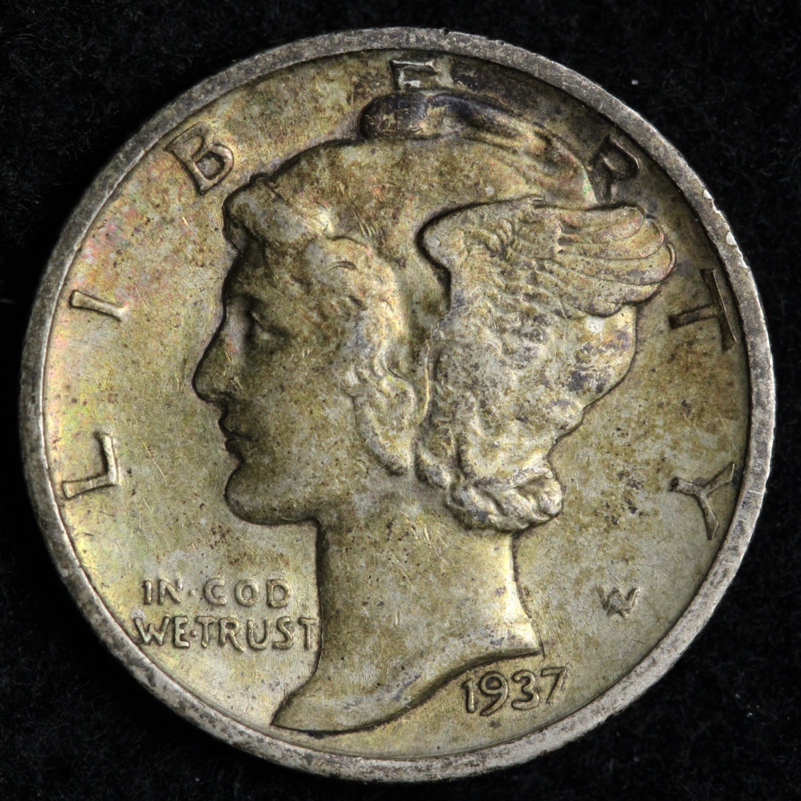 1937-D Mercury Silver Dime AU TONED E209 T