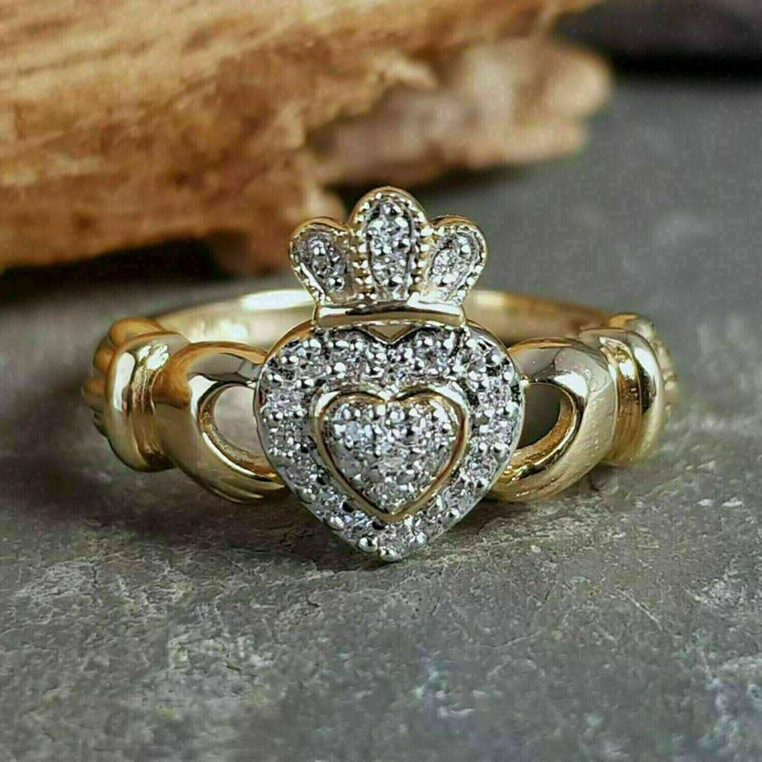 2Ct Heart Round Moissanite Claddagh Engagement Ring 14K Yellow Gold Plated .