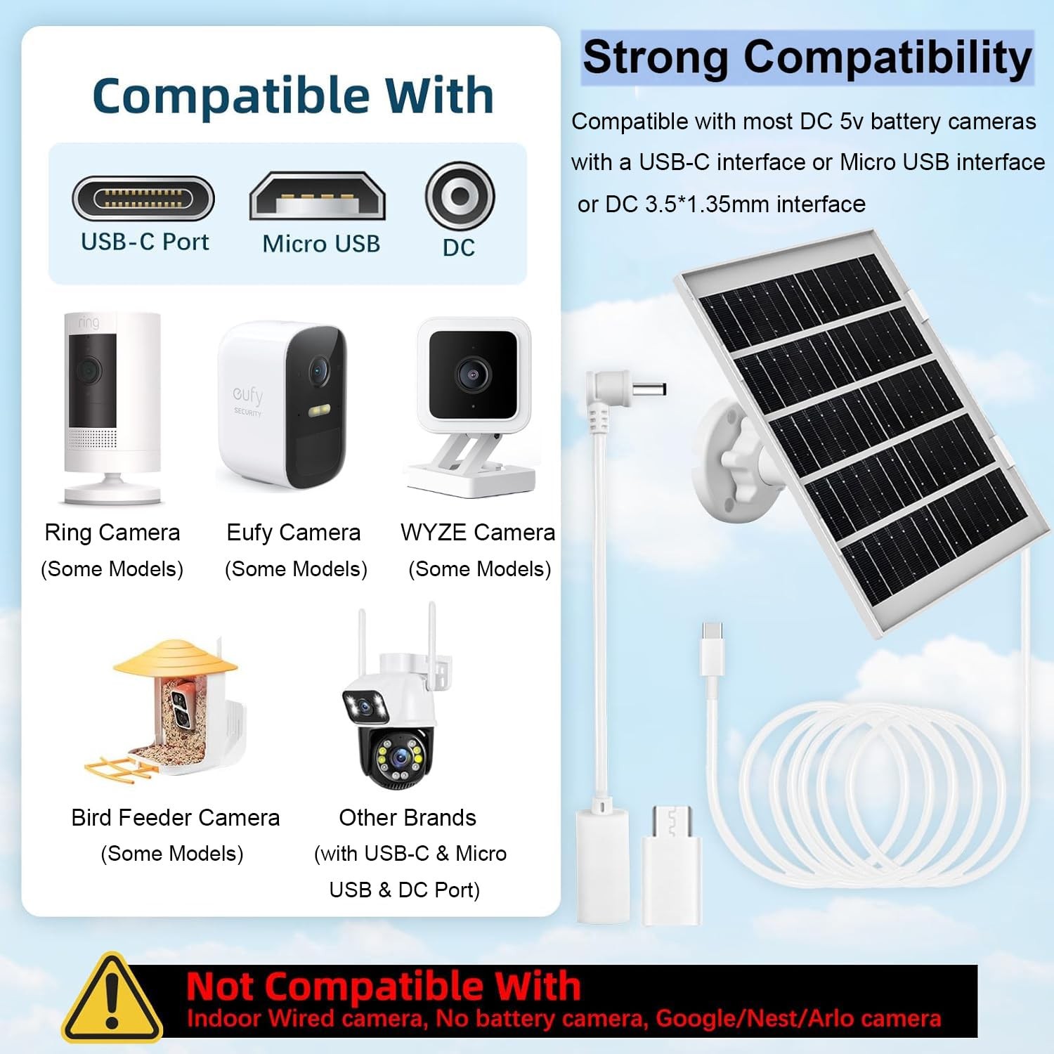 8W Solar Panel Charger for Outdoor Security Cameras, with Micro 2 Pack