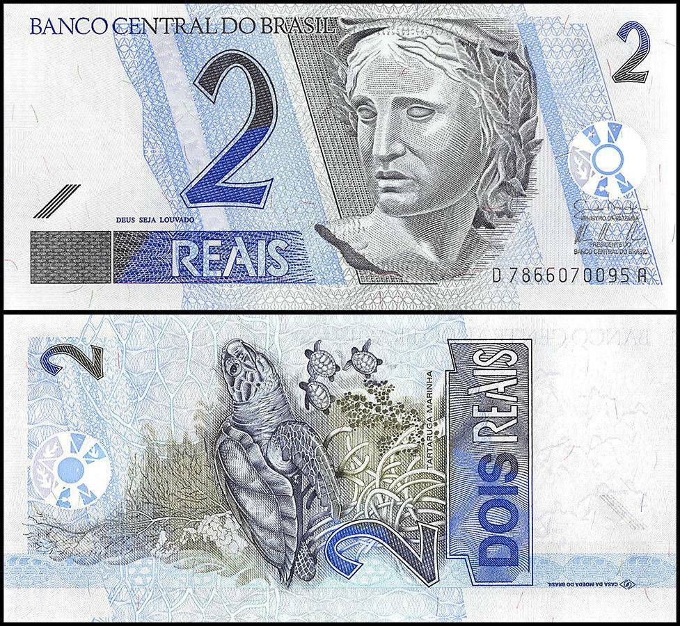 BRAZIL 2 REAIS 2001 UNC D-A,TARTARUGA MARINHA SYMBOLIC EFFIGY OF THE REPUBLIC,IN