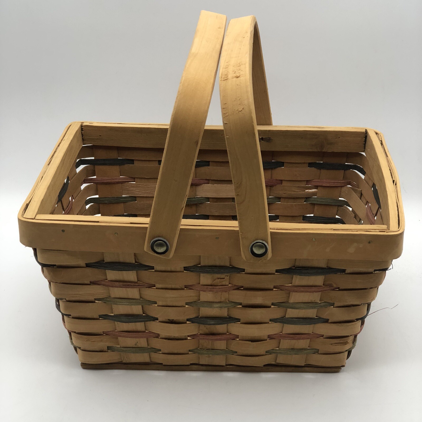 Wood Basket With Red & Green Accent Weave Solid Frame And Handles 11.5” X 8.5”