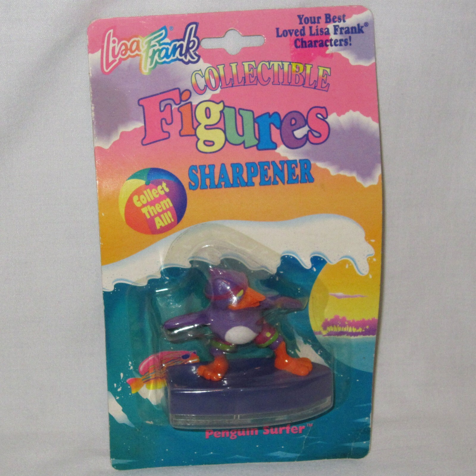 Vintage Lisa Frank Pencil Sharpener Penguin Surfer Figure - Sealed, Damaged Card