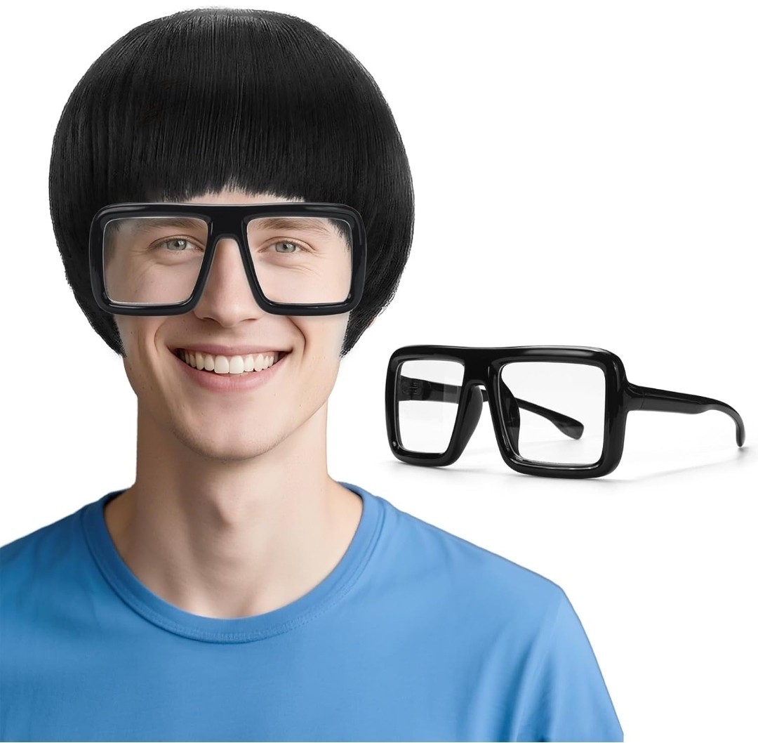 Men's Retro Black Bowl Cut Wig w/ Glasses Straight Hair Cosplay Costume Mushroom