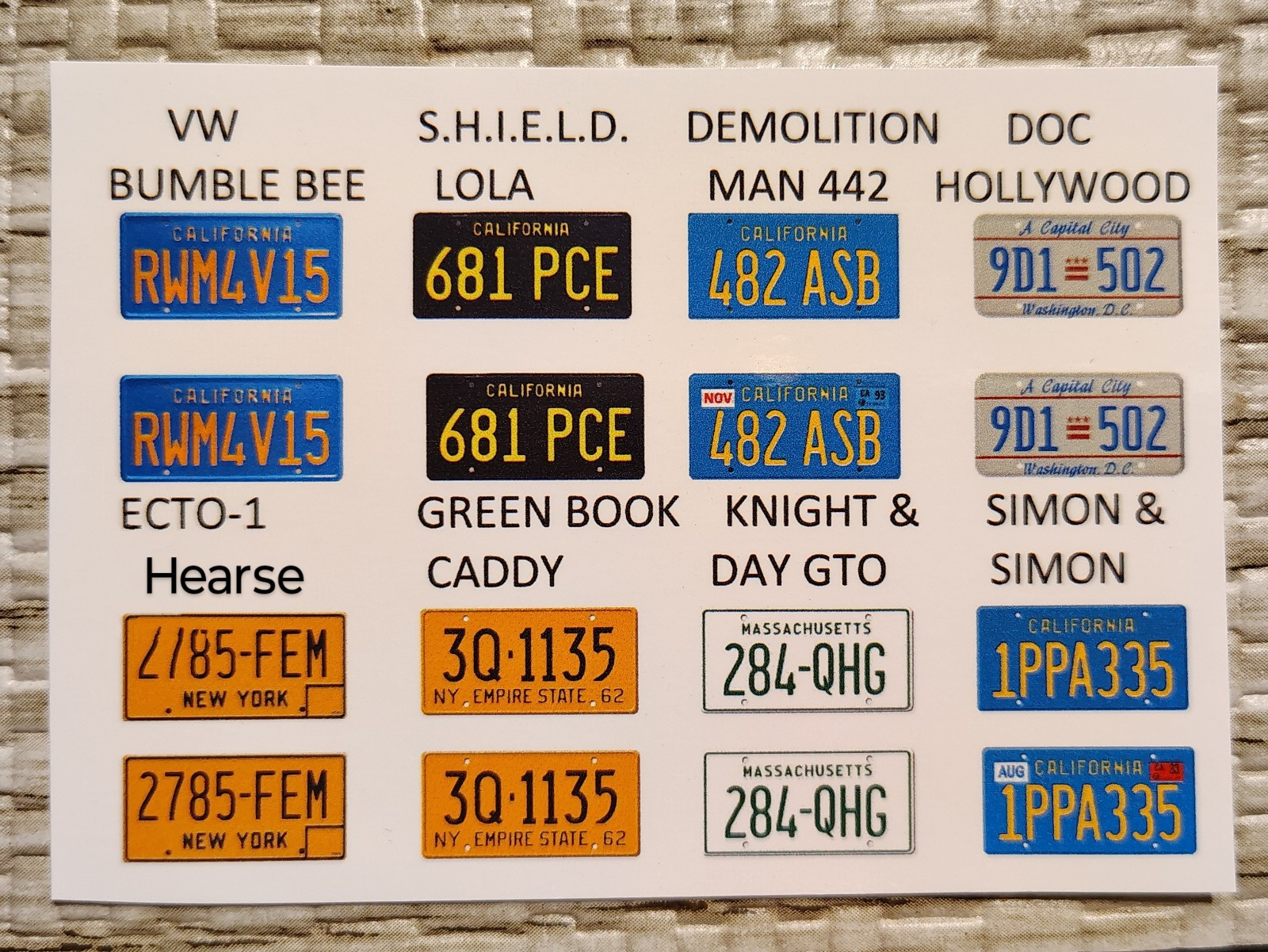 Movie & Series 1:24 1:25 scale water slide license plate decals white backing