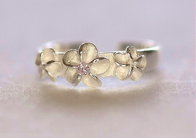 5mm Solid 925 Sterling Silver Hawaiian Plumeria Flowers Pink CZ Toe Ring