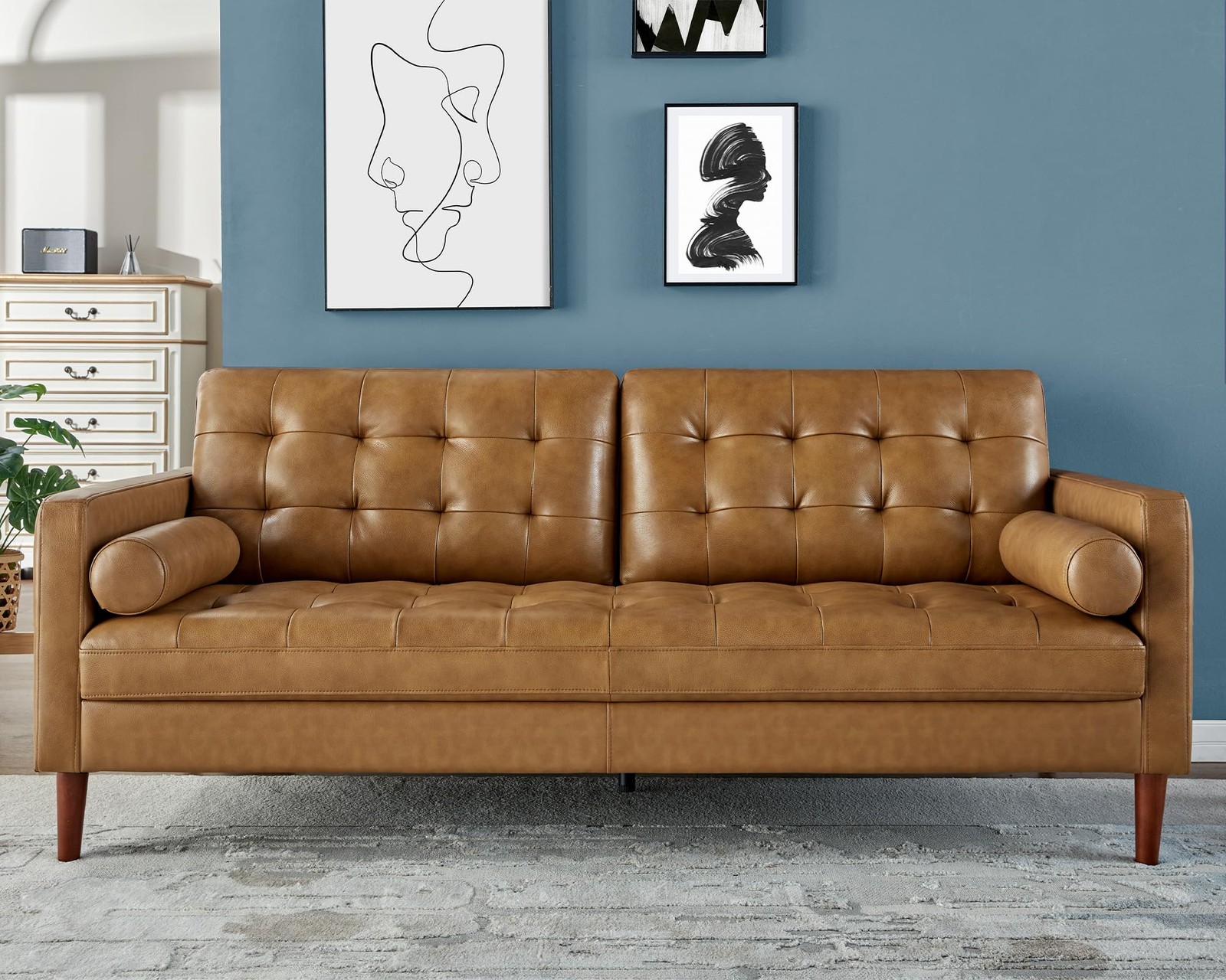 Mid-Century Modern Genuine Leather 3 Seater Brown Sofa Living Room Home Office