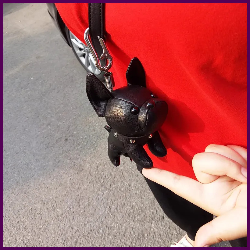Punk French Bulldog Bag Charm PU Leather Dog Keychains Fashion for Women Bag