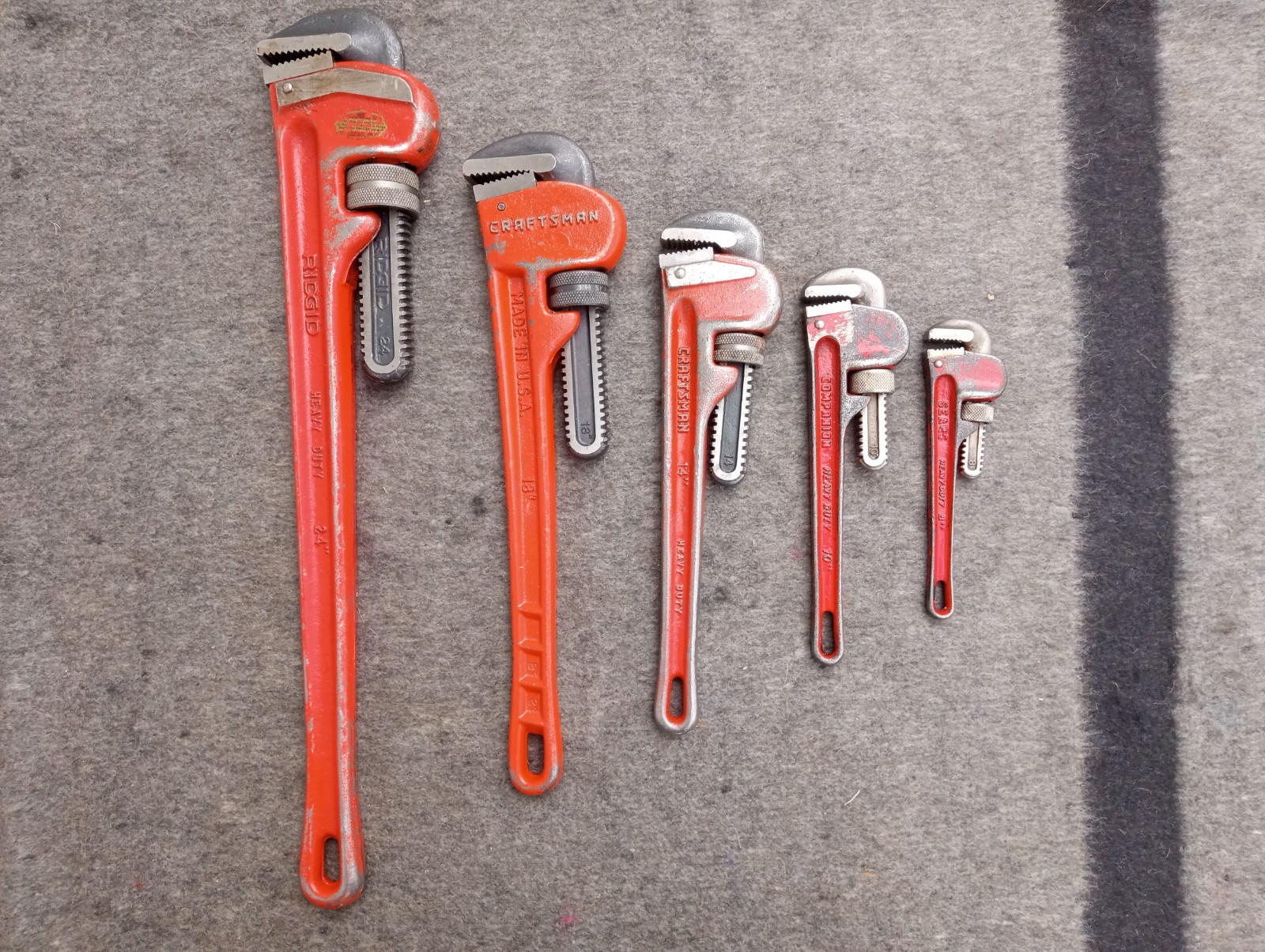Ridgid Craftsman Sears 5 pc. Pipe Wrench Set  24" 18" 14" 10" 8" Vintage