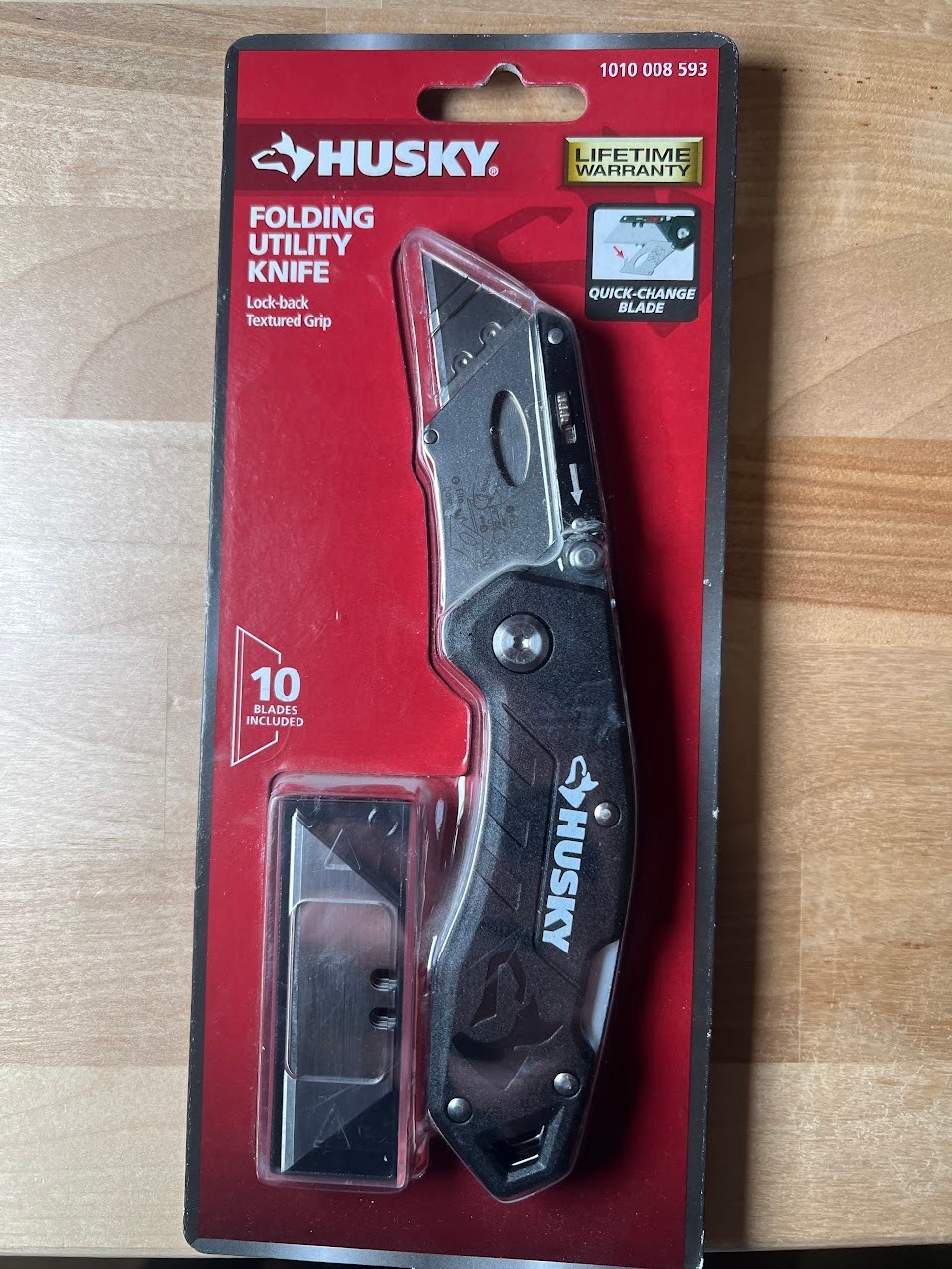 Husky Black Folding Utility Knife Lock-Back Textured Grip 10 Blades Included
