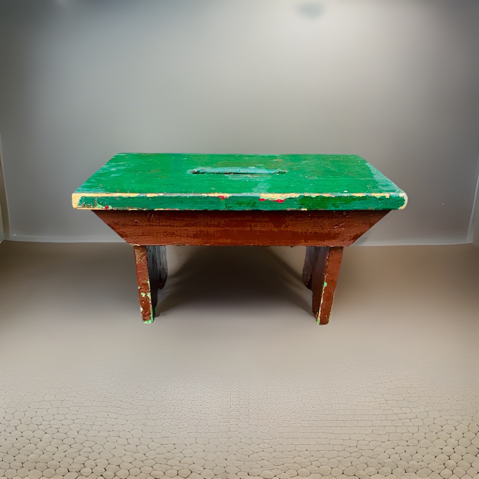 VINTAGE Foot Stool Wooden Painted Green Primitive Farmhouse Bench with Handle