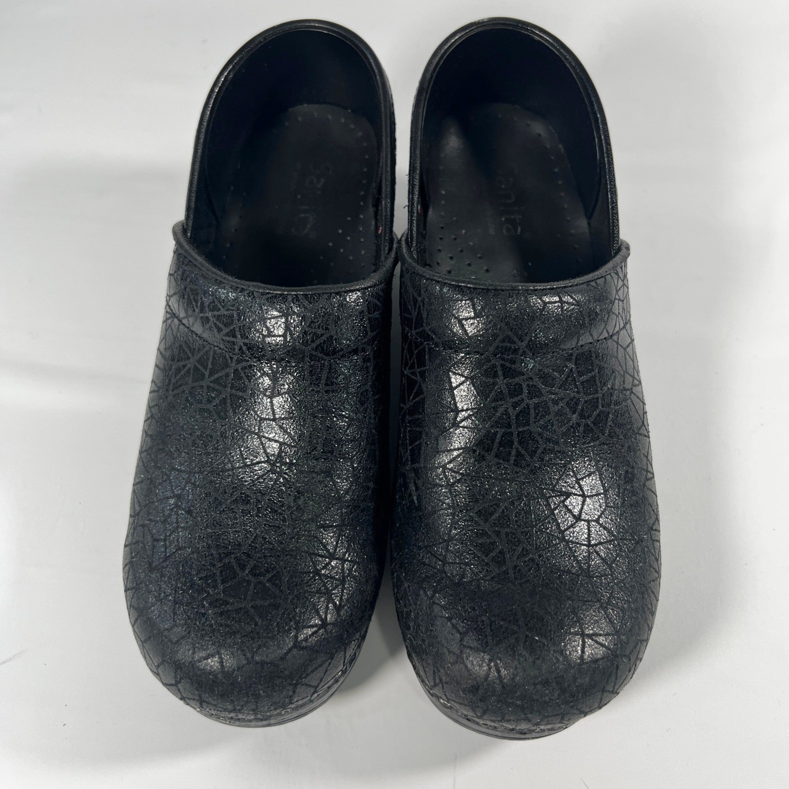Sanita Black Scribble Mosaic Leather Clogs Nursing Work Shoes Womens Size 39 / 8