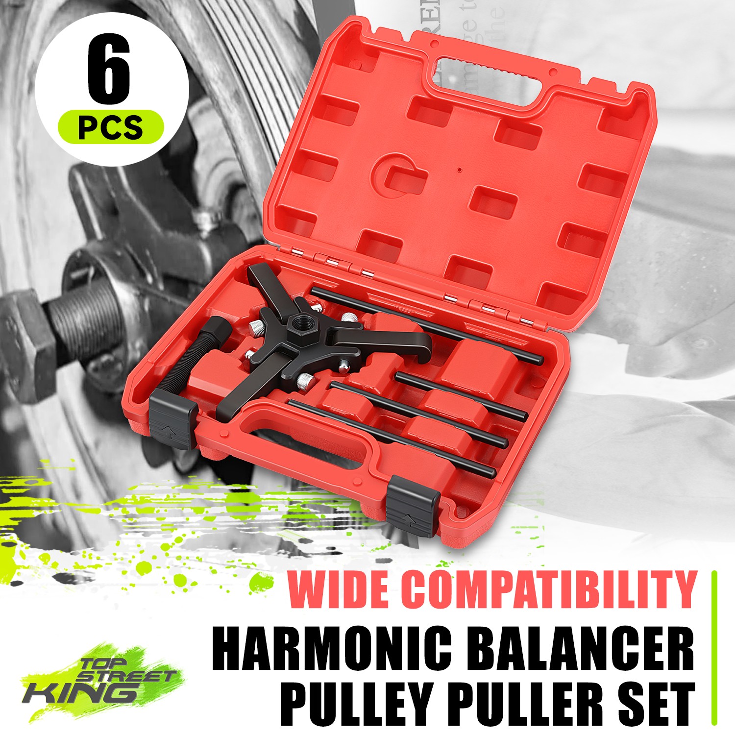 6-Piece Harmonic Balancer Pulley Puller Set w/ Red Case for Chrysler GM Cadillac