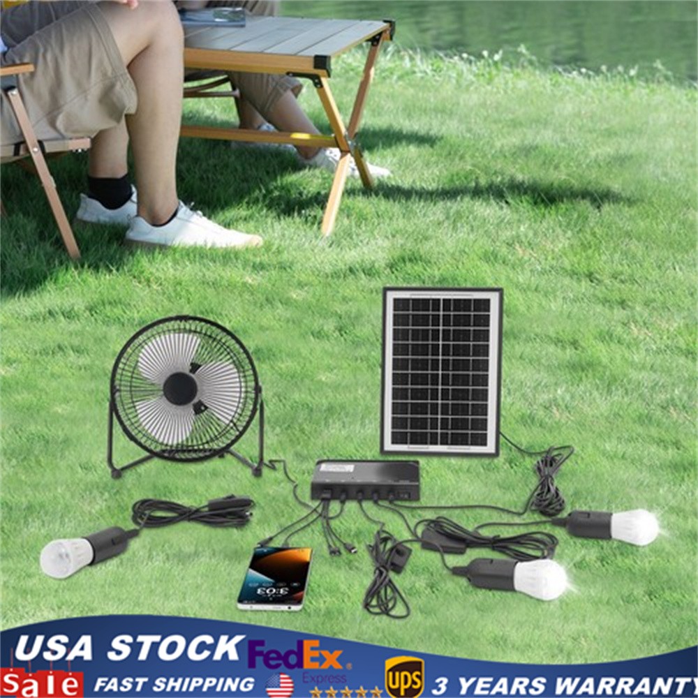 Solar Power Panel Kit Outdoor Camping USB Charging System W/ LED Light & 8" Fan