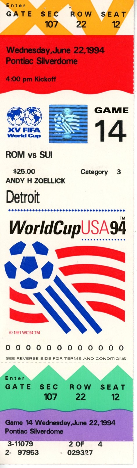 World Cup 1994 Switzerland vs Romania Ticket Game 14 in Detroit, USA  55548