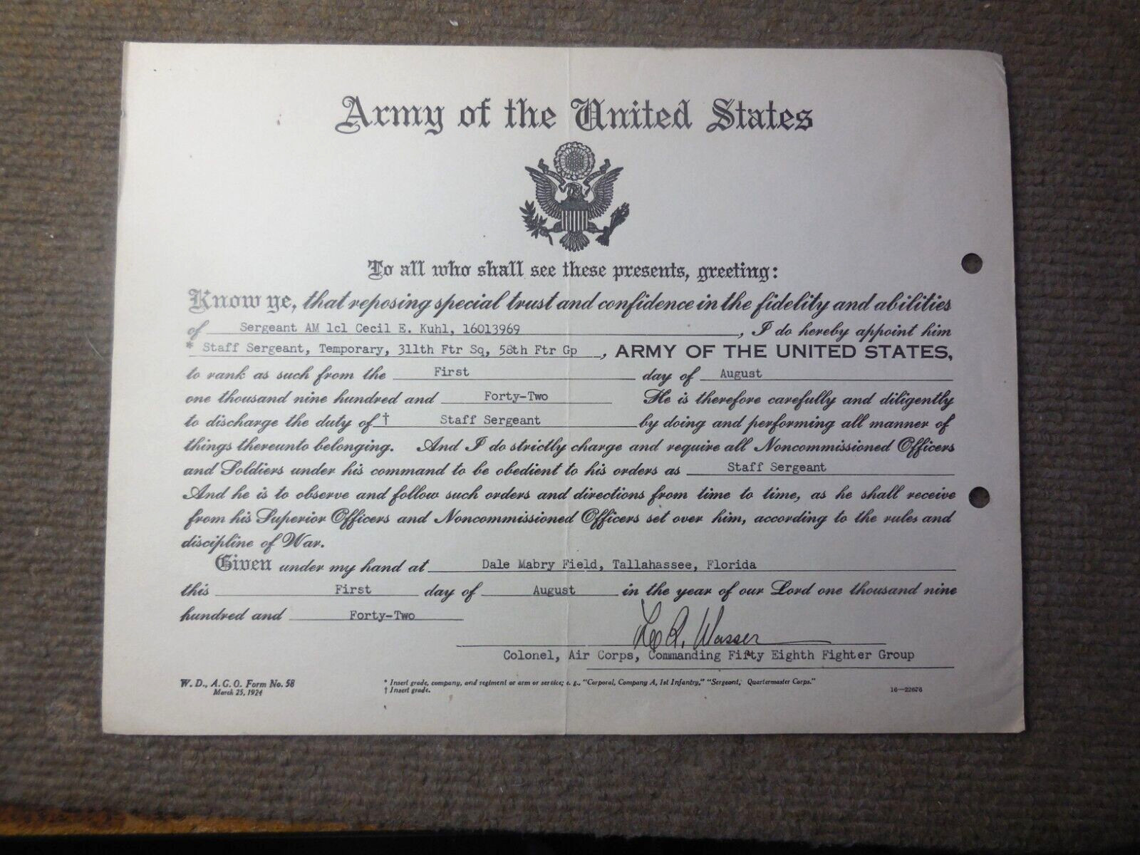 WWII 1942 USAAF Staff Sergeant Promotion Document 311th  Fighter Squadron