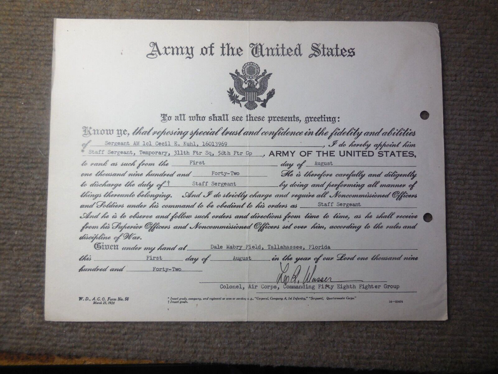 WWII 1942 USAAF Staff Sergeant Promotion Document 311th Fighter Squadron