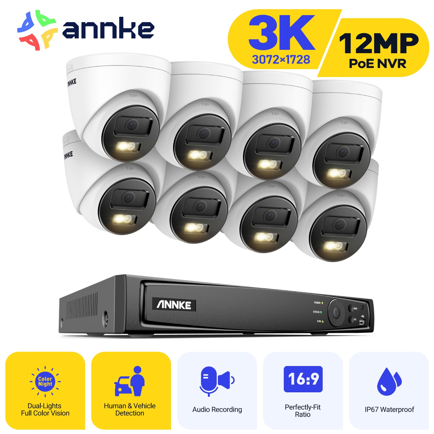 ANNKE 8CH 12MP NVR Audio Recording 5MP POE IP Security Camera System Color Night