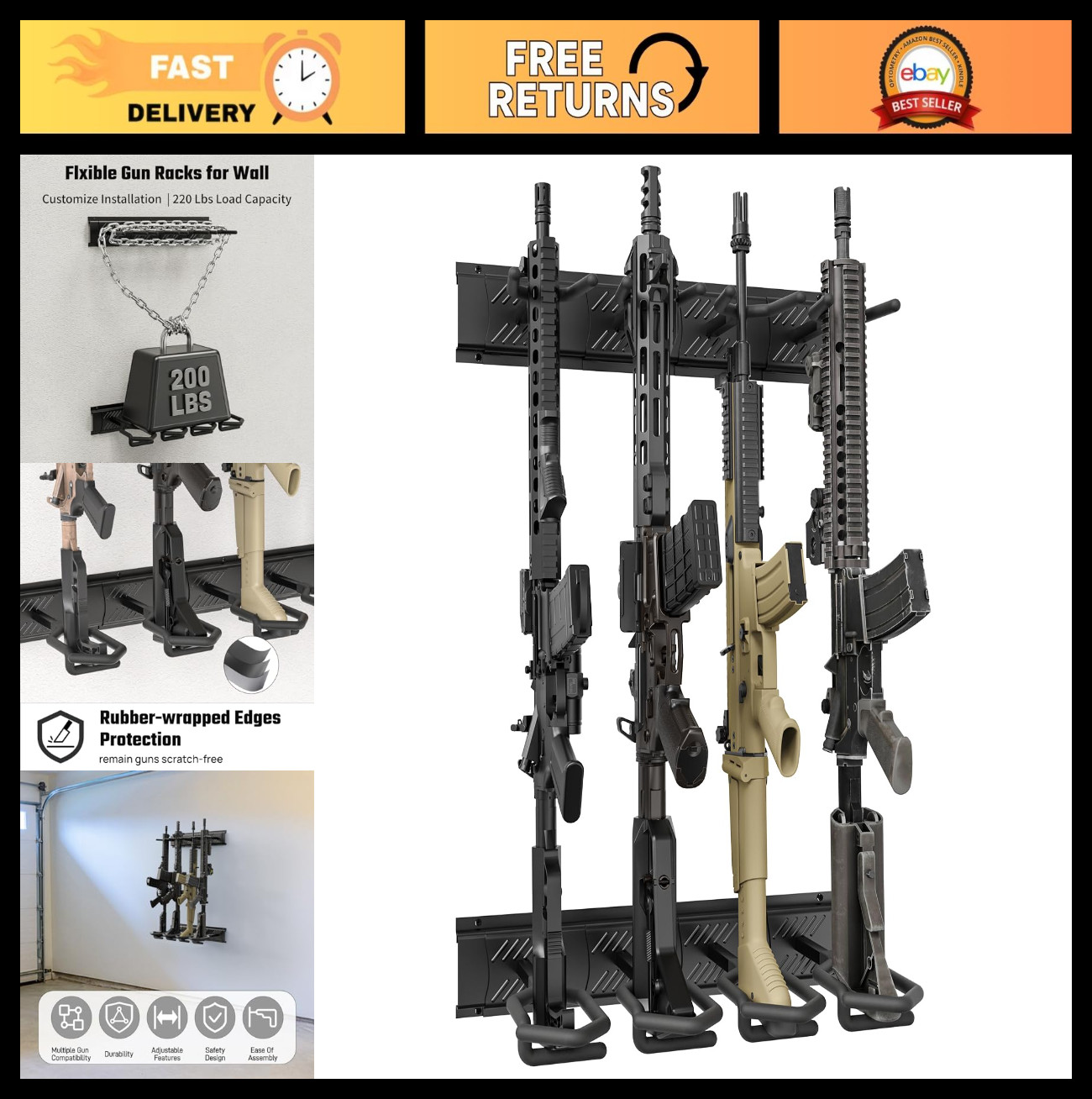 Adjustable Heavy Duty Wall-Mount Gun Rack - Indoor Steel Rifle Display Stand 3/6