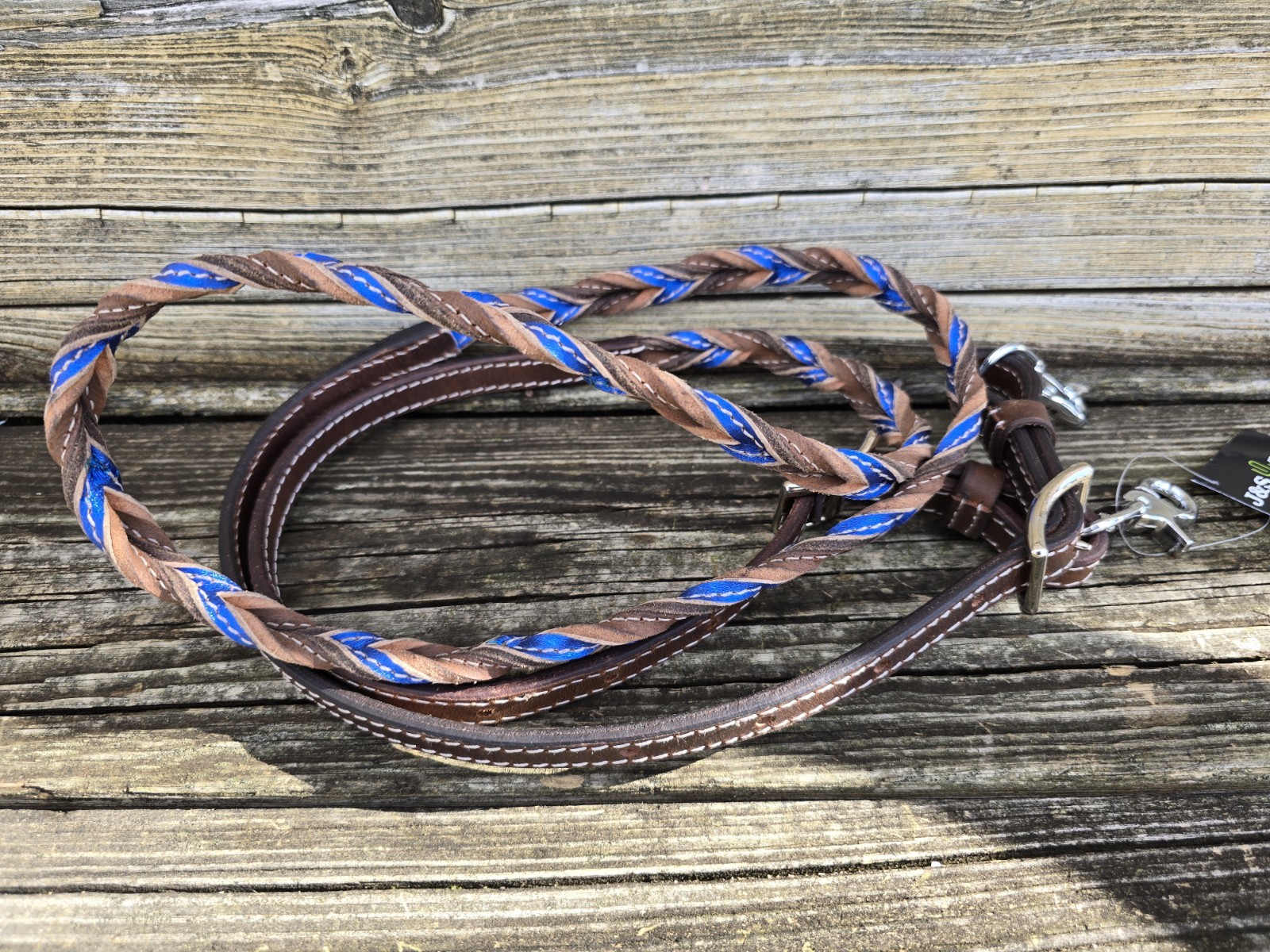 6.5' Bright Blue Blood Knot Leather Barrel Reins with Snaps