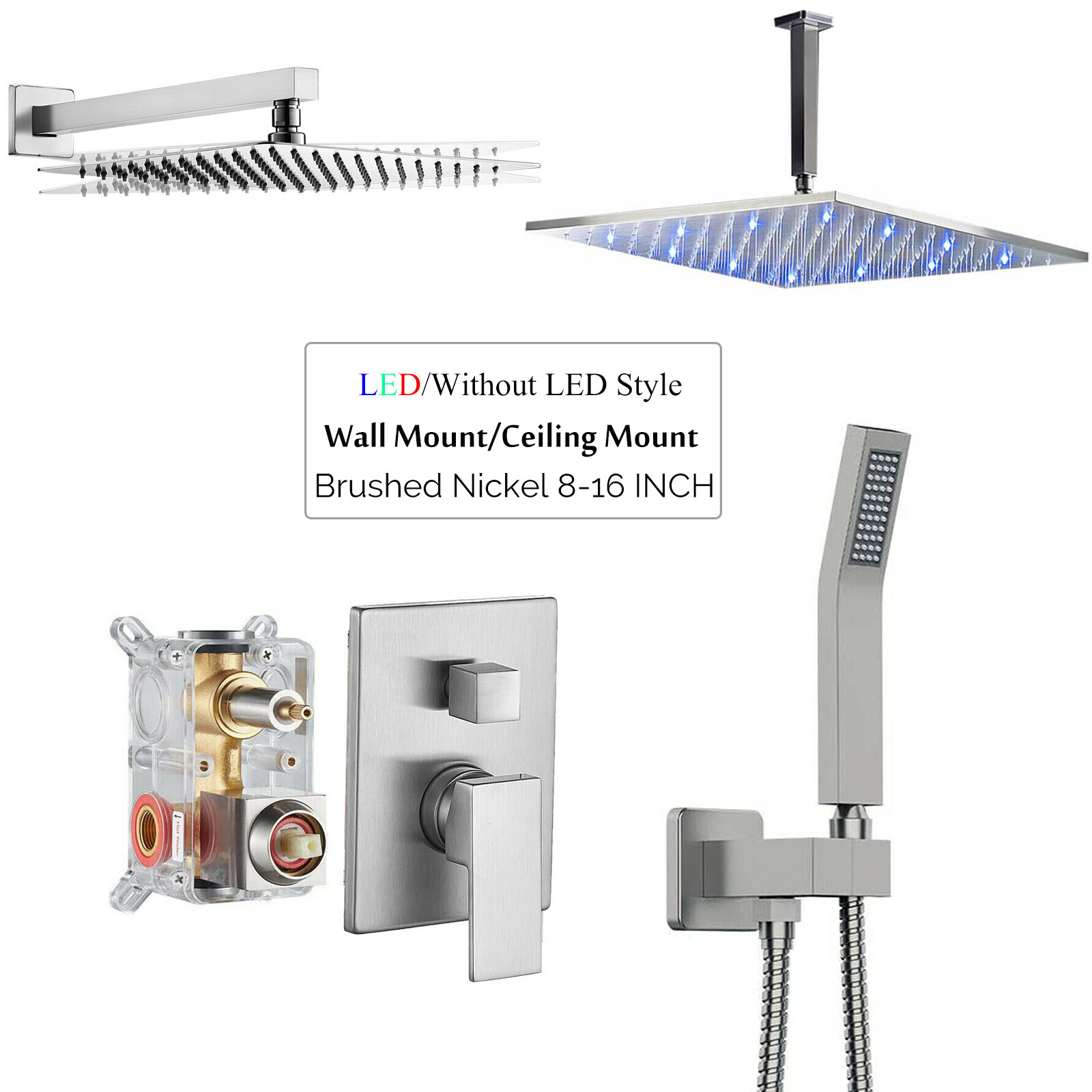 Brushed Nickel Shower Faucet Set System Rain Shower Head Combo Kit w/Mixer Valve
