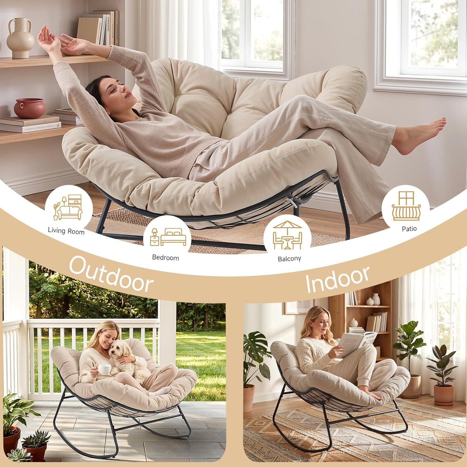 Papasan Rocking Chair Indoor, Oversized Rocking Chair with Thickened Cushion, 45