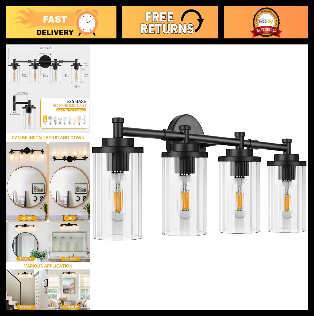 4-Light Black Bathroom Vanity Light Fixture - 30" Wall Lamp for Mirror & Hallway