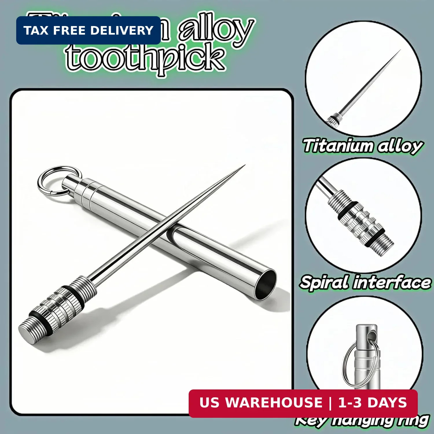 Portable Titanium Toothpick, Multi-Functional Reusable Stainless Steel Silver
