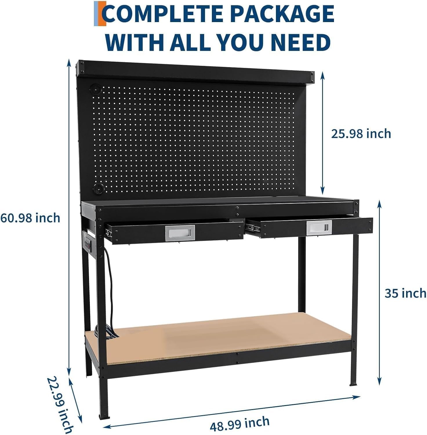 48" Work Bench&Pegboard,Drawer,Power Outlet Metal Tool Table for Garage/Workshop